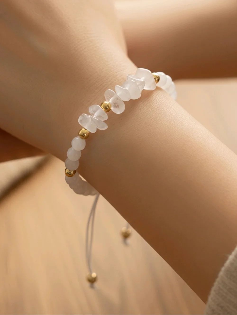 White Quartz Crystal Chip Bracelet Adjustable Gold Minimalist Stackable Jewelry